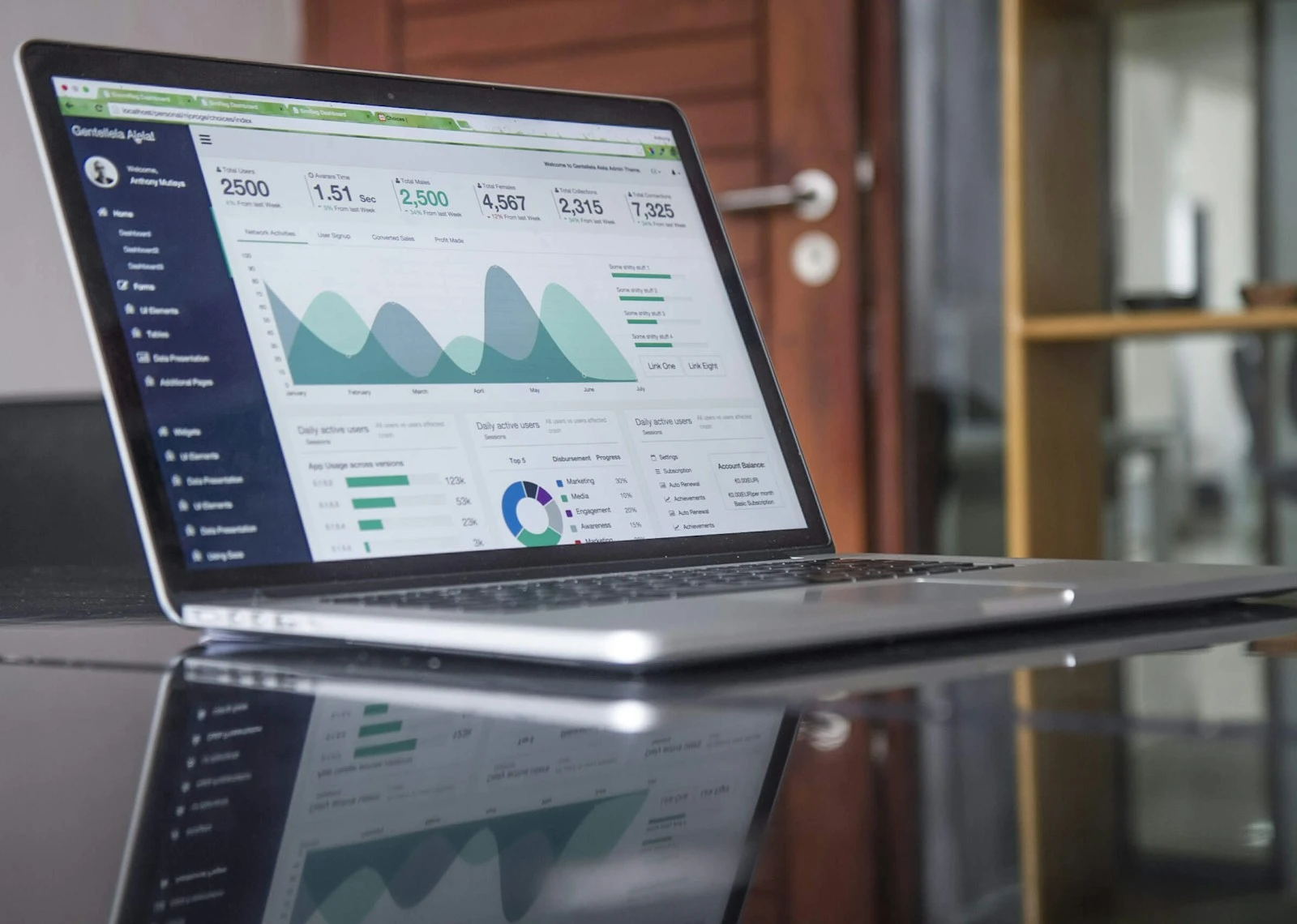 Illustrative stock photograph of analytics on a laptop. The client interface is not pictured.
