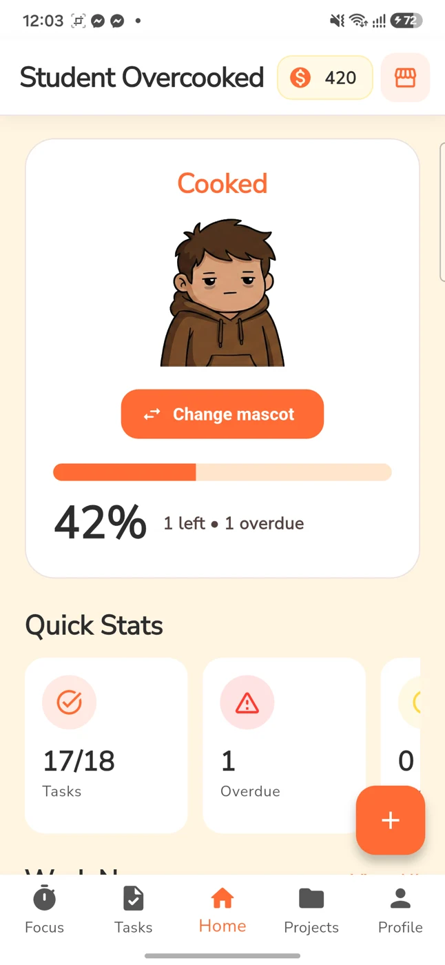 Student Overcooked app screen alongside its tired student mascot.